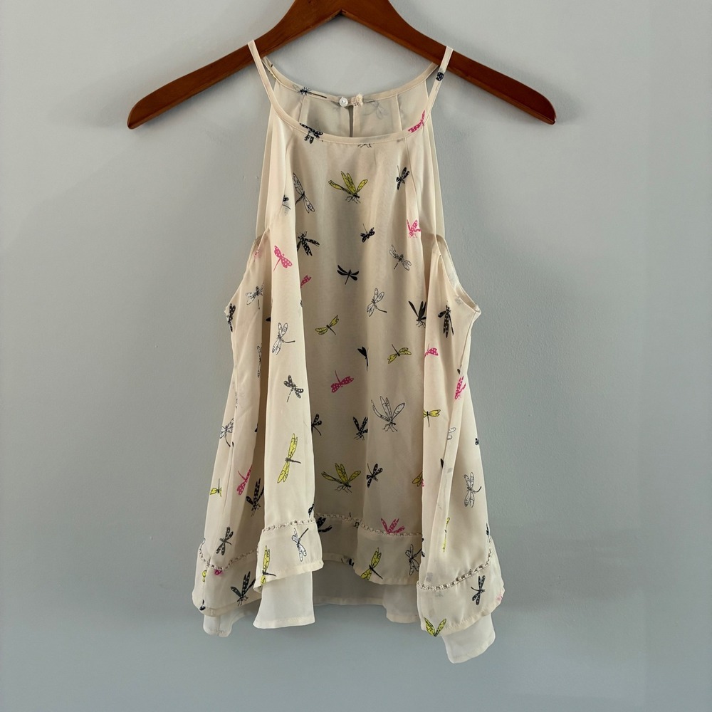 Sienna Sky Tank Top Womens Cream Dragonfly Print Halter Boho Tiered Layered